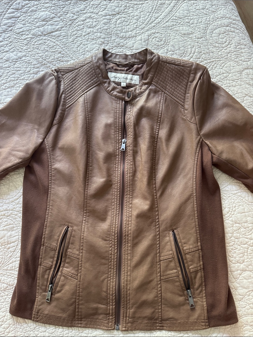 Ladies Sebby Collection Brown Faux Leather Zip-Front Jacket Size Large